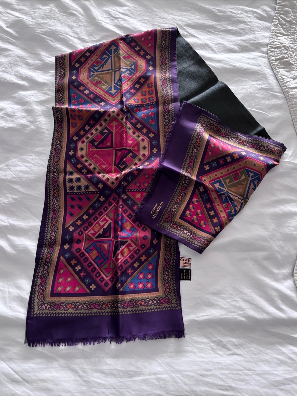 Givenchy Monsieur Silk Printed Scarf in Purple and Pink lined in Grey Wool